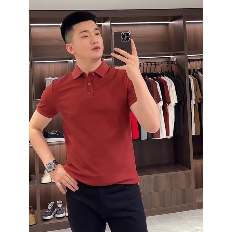 夏季新款酒红色正肩修身短袖POLO衫男款成熟稳重商务通勤T恤上衣