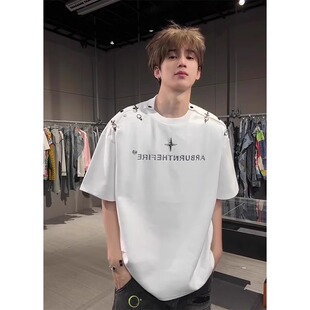 美式高街白色重磅短袖T恤男款夏季设计感小众飞机扣解构拼接半袖