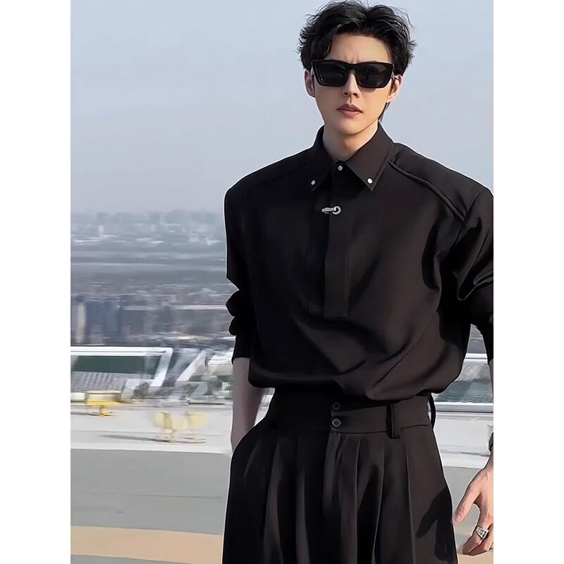 夏季新款高级感痞帅长袖衬衫男轻熟风休闲西裤小众不撞款穿搭套装