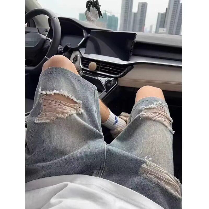 美式蓝色破洞牛仔短裤男夏季薄款中裤潮牌宽松直筒百搭阔腿五分裤