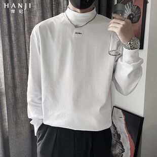 白色打底衫男士春秋季潮牌半高领长袖t恤男装高端上档次修身上衣