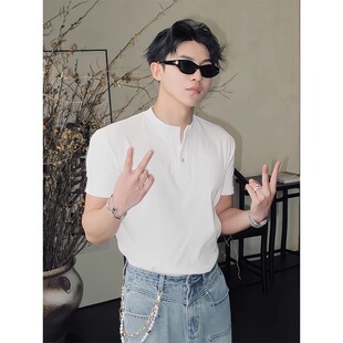 夏季新款白色亨利领绿松石短袖T恤男款美式高街cleanfit半袖上衣