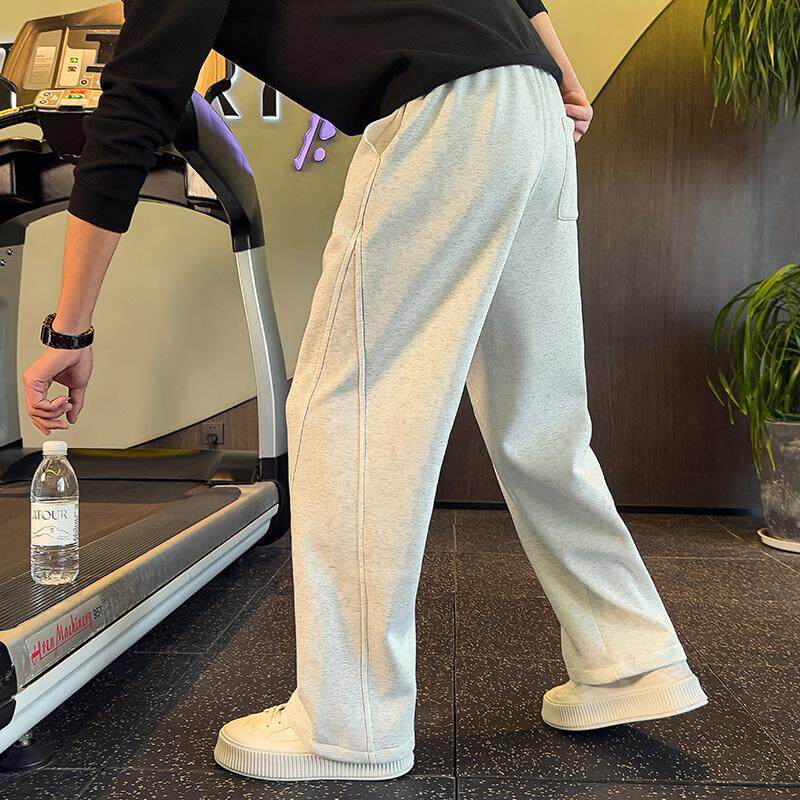 冬季男款灰色运动卫裤潮牌百搭直筒宽松休闲裤加绒加厚弯刀裤子潮