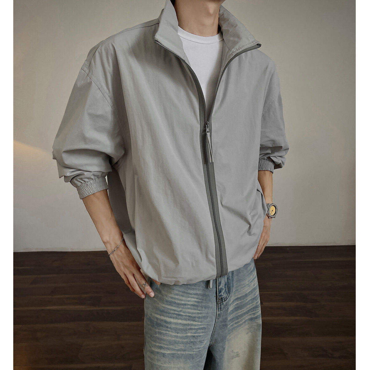 浅灰色立领防晒衬衫男2025夏季潮牌痞帅宽松休闲百搭长袖夹克外套