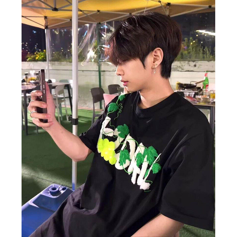 2025夏季新款美式高街毛巾刺绣短袖T恤男款潮牌宽松休闲半袖上衣