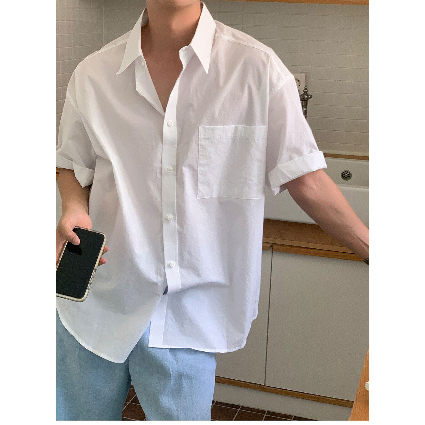 25年新款白色短袖衬衫男款夏季韩版宽松潮流高级感半袖百搭衬衣潮