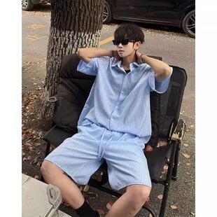 夏季新款蓝色竖条纹冰丝衬衫套装男韩系休闲慵懒风短袖短裤两件套