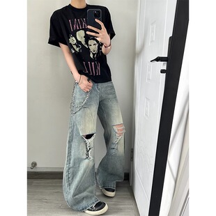 蓝色美式水洗破洞牛仔裤男夏季新款高腰显瘦宽松直筒阔腿长裤子