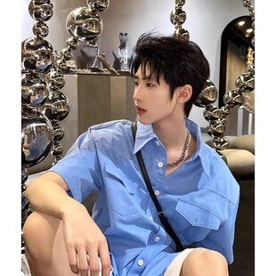 2025夏季新款美式复古工装衬衫男款潮流痞帅高街宽松休闲短袖上衣