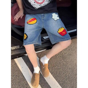 汉堡薯条毛巾绣牛仔短裤男2025夏季美式oversize痞帅直筒五分中裤