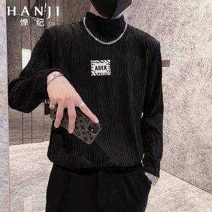 长袖t恤男士春秋季潮牌半高领打底衫冬装高级感加绒加厚内搭上衣