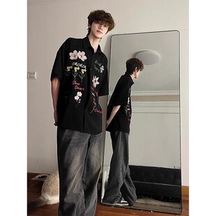 夏季新款美式复古花卉刺绣短袖衬衫男潮牌痞帅高级感百搭半袖衬衣