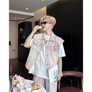 粉色水洗做旧无袖牛仔马甲男款夏季痞帅高级感直筒牛仔裤休闲套装