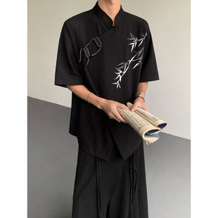 新中式竹叶盘扣短袖衬衣男款2025夏季新款国风独特冰丝半袖衬衫