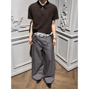 2025夏季新款棕色肌理感针织翻领短袖t恤男款小众高级感半袖上衣