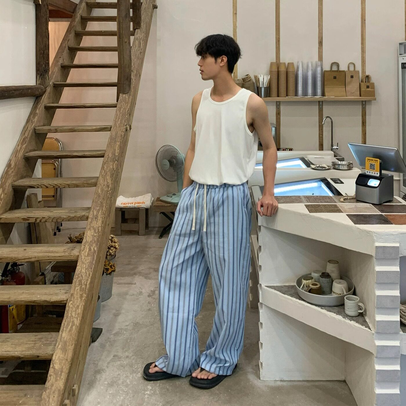 韩系蓝色条纹休闲裤男夏季潮牌宽松直筒阔腿裤慵懒风垂感拖地长裤