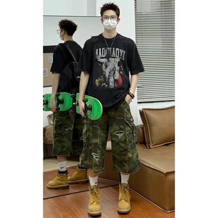 美式vibe迷彩工装短裤男款夏季新款潮牌高街宽松休闲阔腿七分裤子