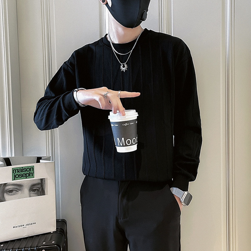 黑色长袖T恤男士春秋款高级感痞帅圆领打底衫男装潮牌内搭上衣服