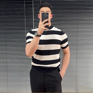 2025夏季黑白条纹短袖T恤男款老钱风修身高级感痞帅百搭半袖上衣