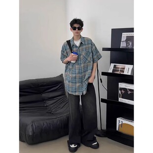 美式复古蓝色格子短袖衬衫男夏季新款高级感潮流宽松百搭半袖衬衣