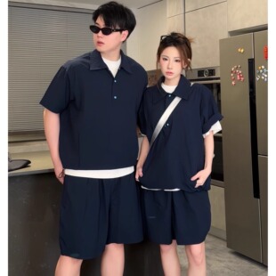 蓝色绿松石短袖套装男女款2025夏季新款小众高级感运动休闲套装