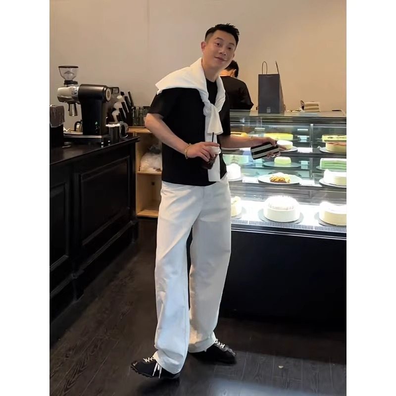 白色简约通勤慵懒风直筒牛仔裤男2025夏季新款垂感宽松百搭休闲裤