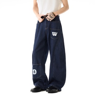 深蓝色弯刀牛仔裤男款夏季薄款高街潮牌垂感高腰印花宽松阔腿裤潮
