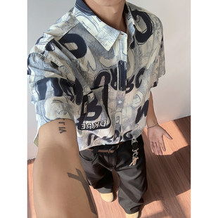 夏季高品质男士印花刺绣短袖衬衫男款潮牌薄款高级感百搭休闲上衣