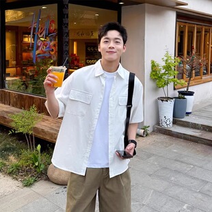 韩系夏季白色短袖衬衫男款潮牌时尚百搭双口袋工装半袖衬衣外套潮