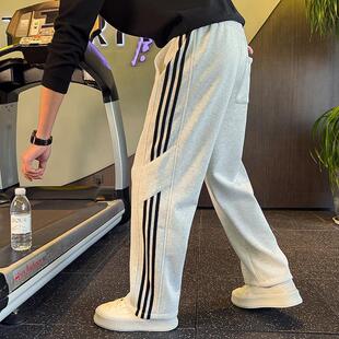 条纹卫裤男款秋冬季新款加绒加厚宽松直筒裤子潮牌百搭运动休闲裤