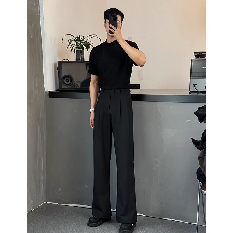2025夏季新款黑色高腰休闲西裤男款高级感直筒纯色百搭微喇弯刀裤