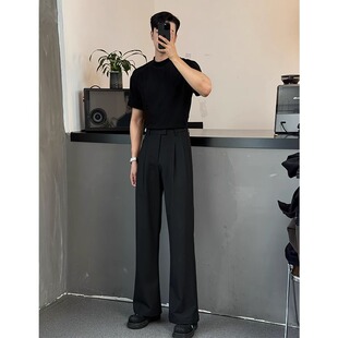 2025夏季新款黑色高腰休闲西裤男款高级感直筒纯色百搭微喇弯刀裤