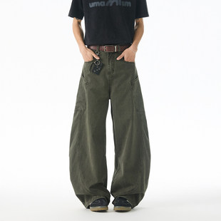 军绿色美式复古弯刀牛仔裤男2025新款高级感痞帅水洗阔腿工装裤潮