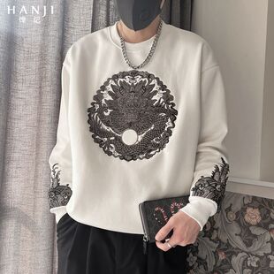 新中式国风刺绣卫衣男士春秋季高级感圆领长袖T恤男装外套上衣服