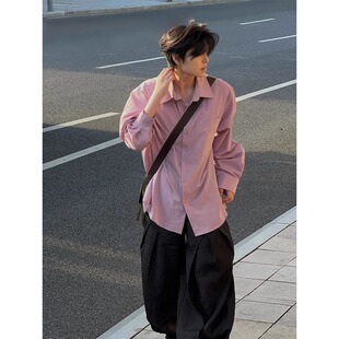 2025新款粉色少年感长袖衬衫男款痞帅高级感穿搭廓形衬衣外套潮