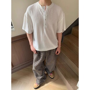 白色褶皱肌理感短袖T恤男款老钱风痞帅高级感亨利领半袖百搭上衣