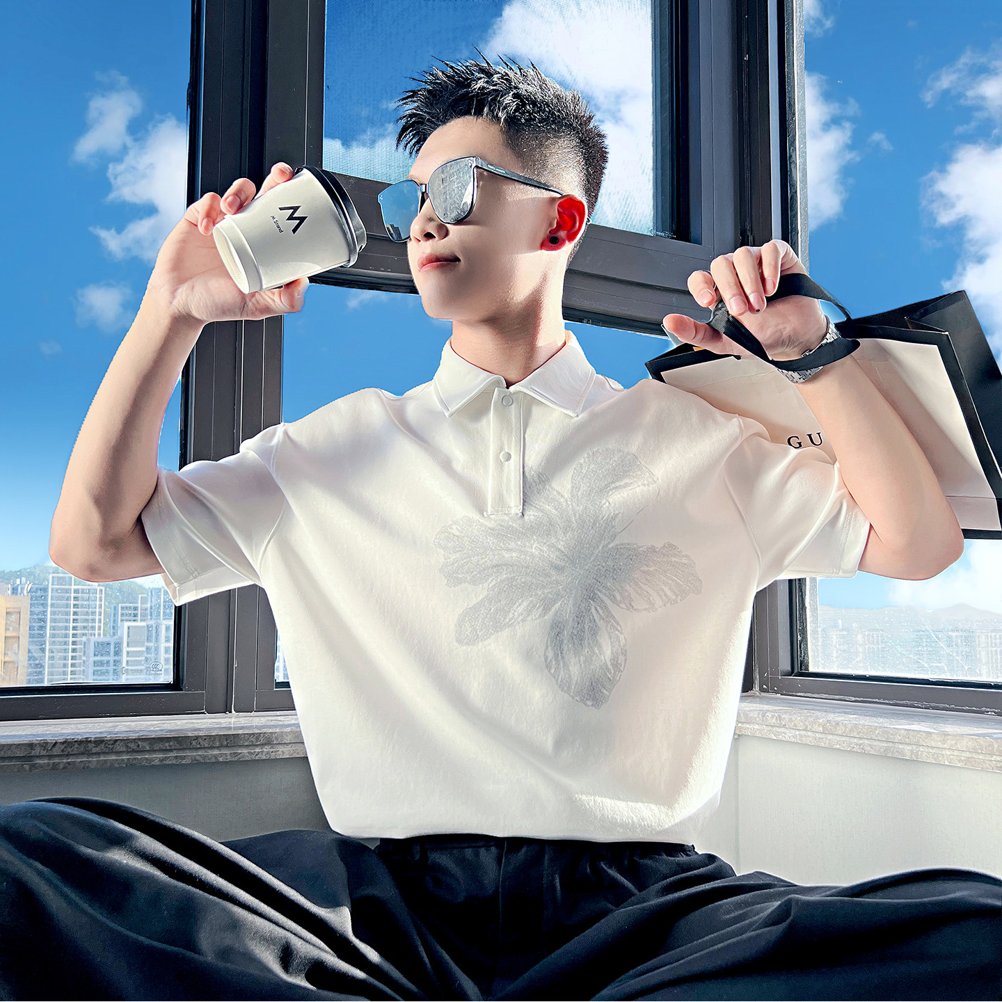 白色高品质印花短袖polo衫男夏季潮牌痞帅高级感圆领半袖T恤上衣