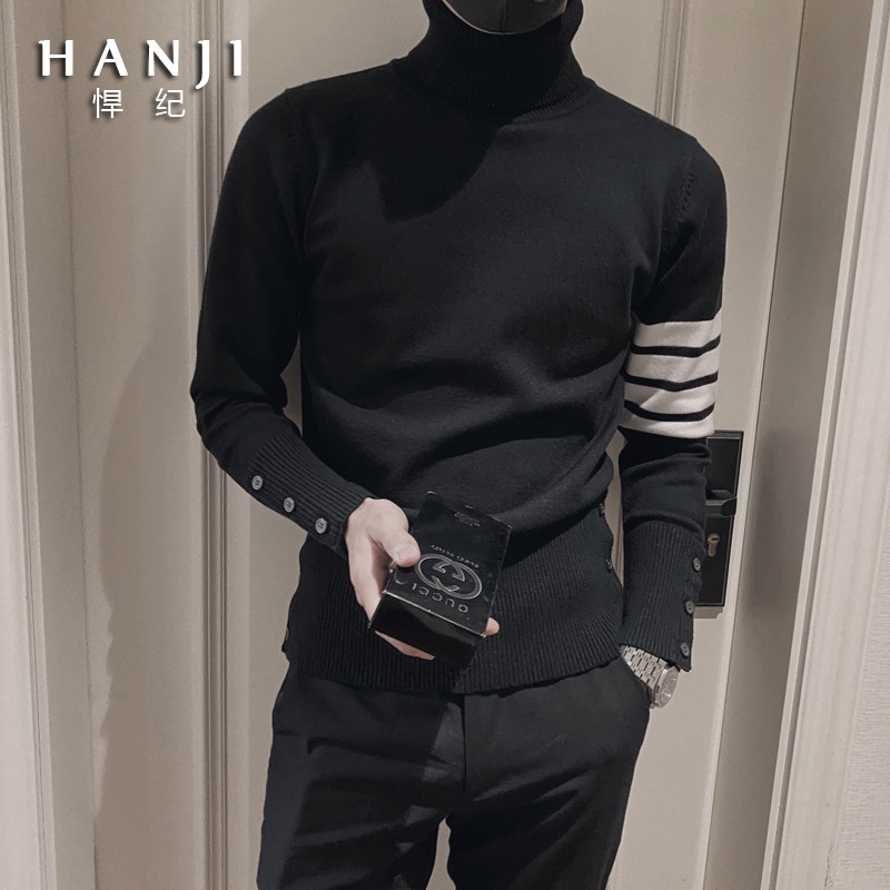高领毛衣男士秋冬季潮流条纹修身针织衫2024新款爆款黑色打底线衣