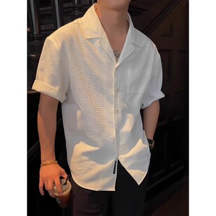 夏季男士轻奢古巴领白色正肩短袖衬衫高级感痞帅凉感透气半袖衬衣