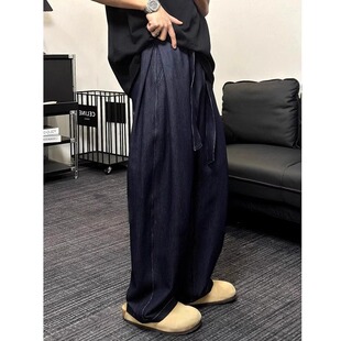 深蓝色冰丝水洗直筒牛仔裤男25年夏季复古弯刀垂感cleanfit阔腿裤