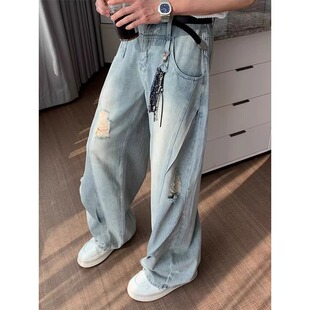 美式高街破洞牛仔裤男款夏季薄款高腰直筒百搭宽松弯刀阔腿长裤潮