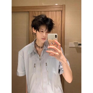 2025夏季新款美式拉链短袖衬衫男高级设计感痞帅衬衣百搭休闲上衣