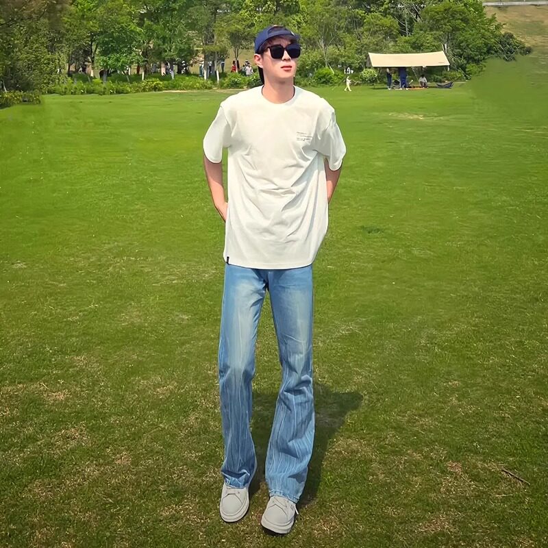 蓝色水洗做旧牛仔裤男款夏季潮牌宽松直筒百搭阔腿休闲微喇长裤子