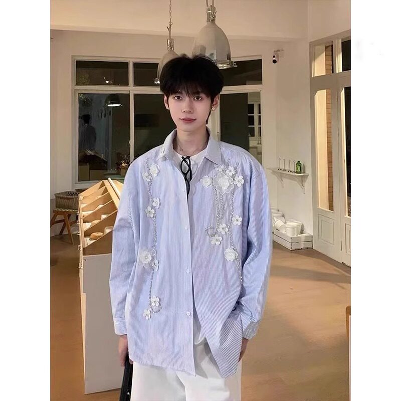 夏季新款忘川白梅贴花设计条纹衬衫男款设计感小众长袖衬衣外套