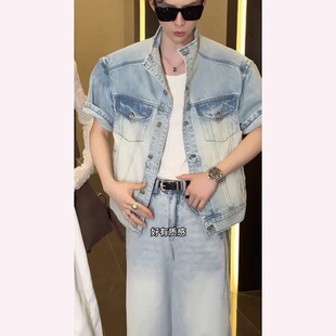 美式复古水洗垫肩牛仔短袖衬衫男款夏季潮牌高级感半袖五分袖外套