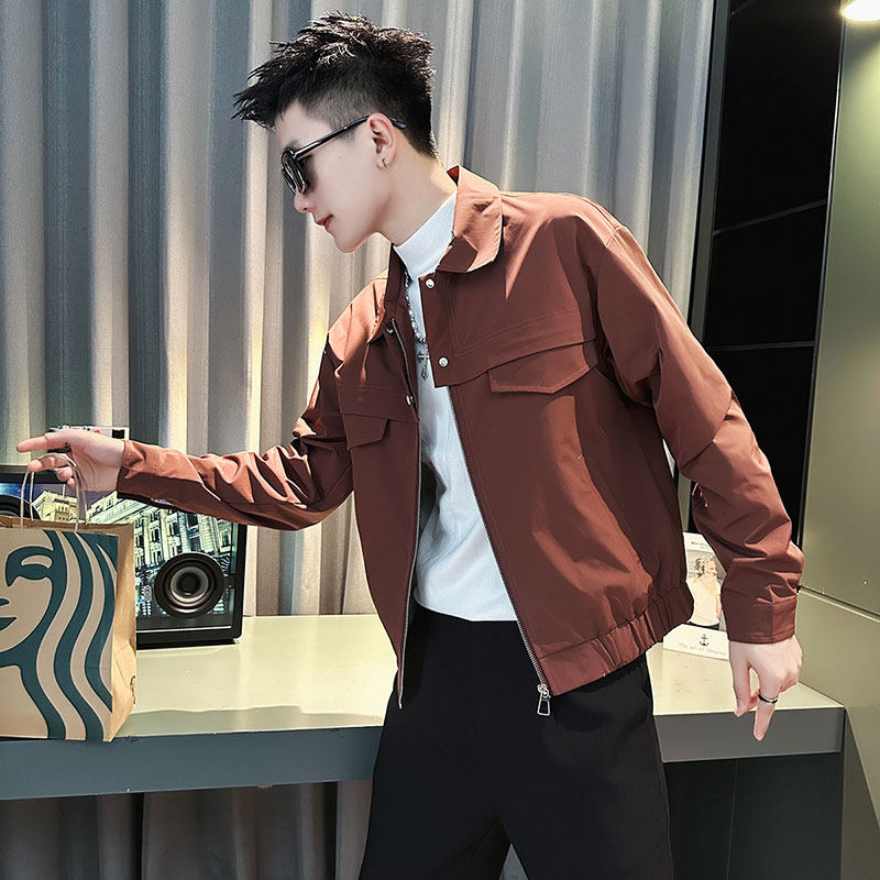 酒红色夹克男士秋季款高级感痞帅翻领修身外套春装潮牌休闲上衣服