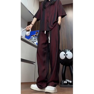 酒红色极光缎面冰丝时尚套装男夏季新款潮流短袖衬衫休闲裤两件套