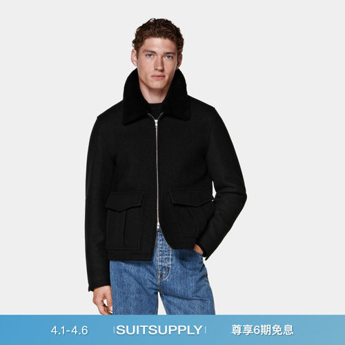 SUITSUPPLY黑色羊毛飞行夹克