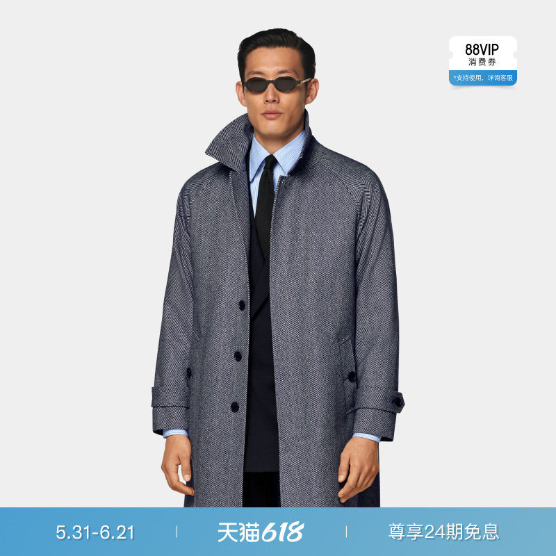 SUITSUPPLY-藏蓝色羊毛人字纹宽松插肩袖大衣外套