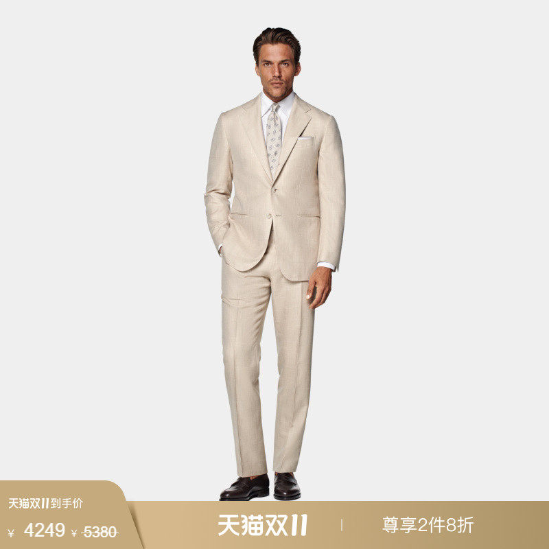 奥莱SUITSUPPLY砂砾色羊毛混纺男士西装套装身型人字纹